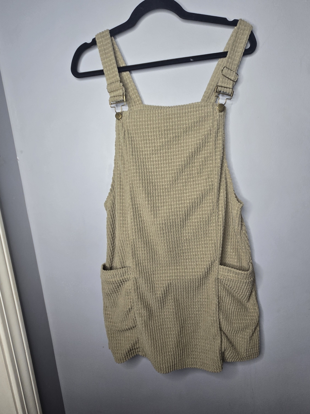 Khaki Corduroy Waffleknit Overall Pinafore Dress Size Small Adjustable Straps